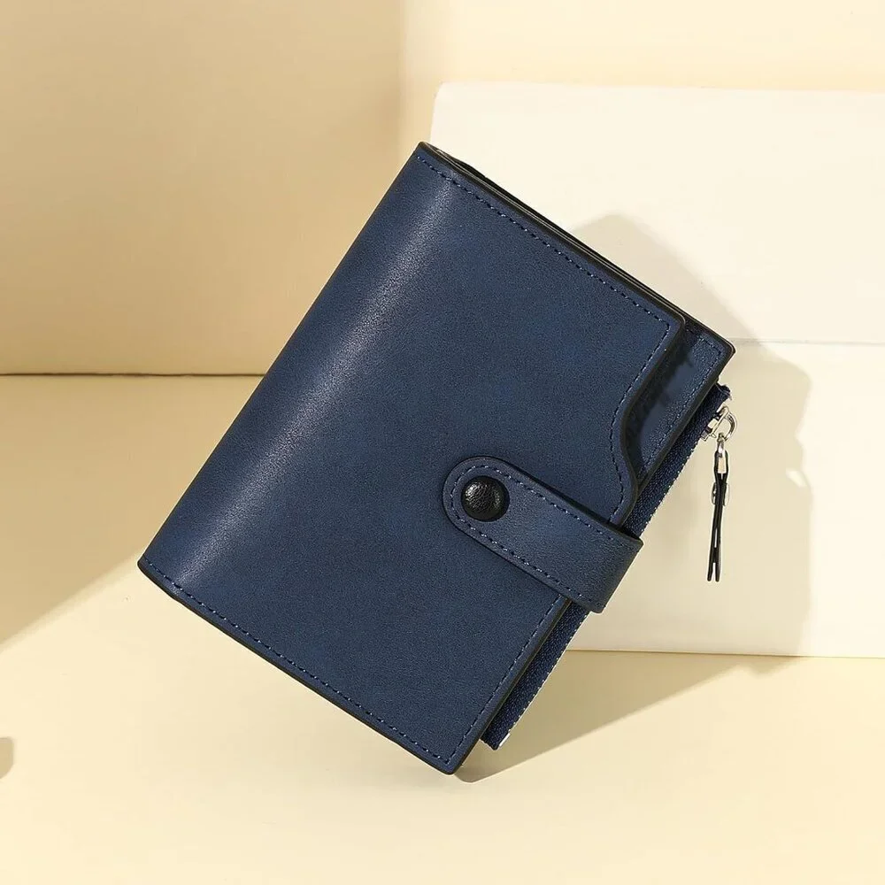 Men's Lake Blue Faux Leather Large Wallet Card Blocking Zipper Hidden Pocket